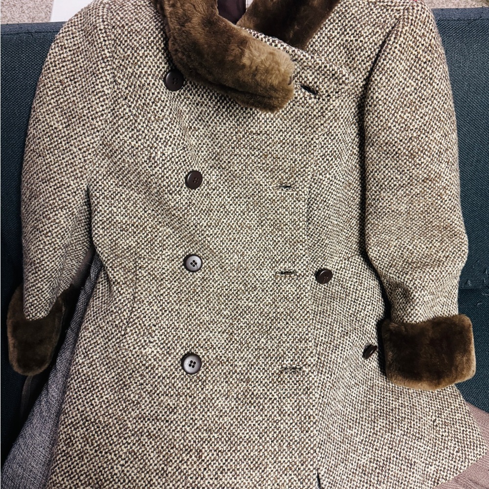 Women's Tweed Double-Breasted Coat with Faux Fur Trim